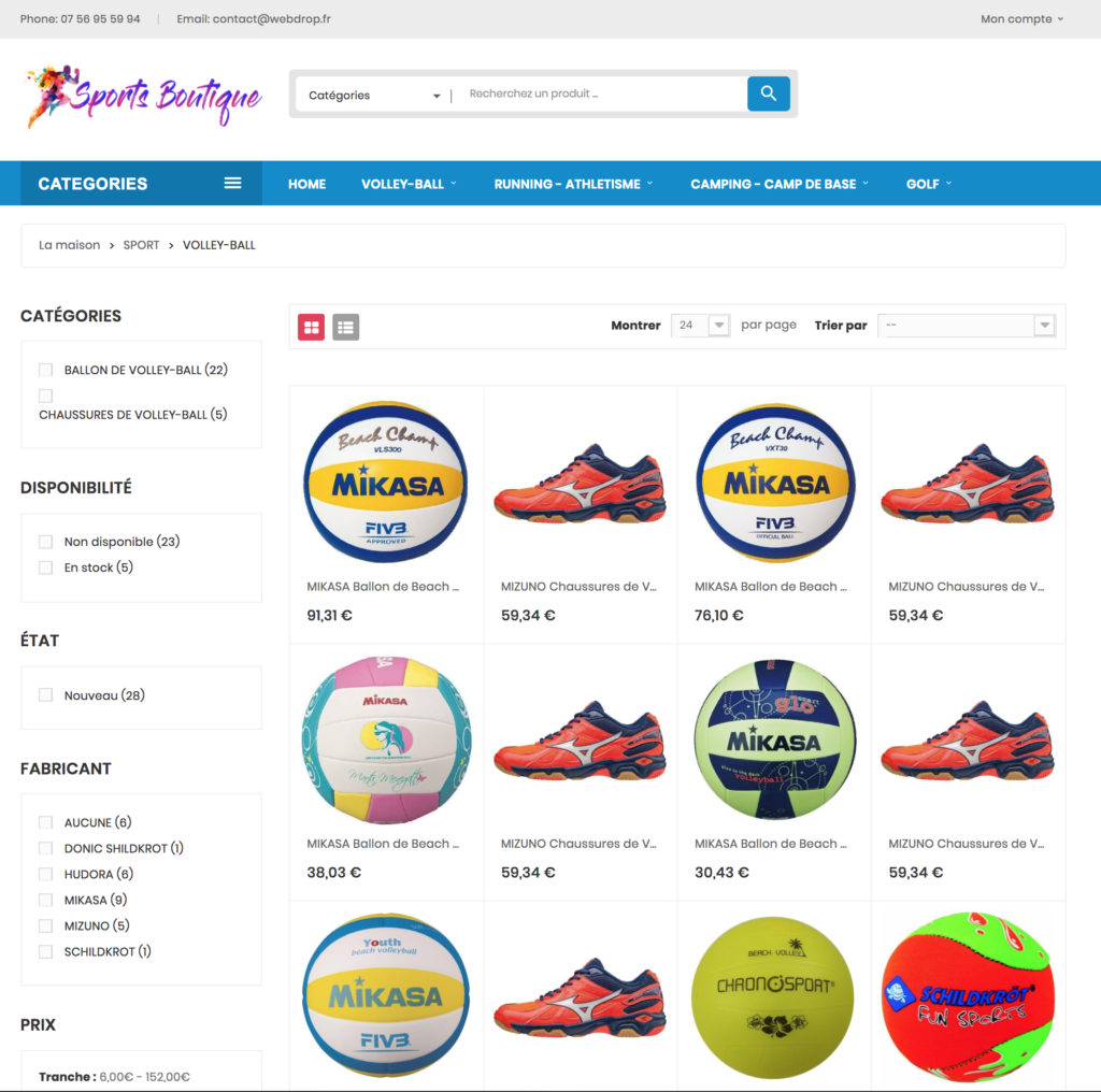 page catégories dropshipping e-commerce sport multisport