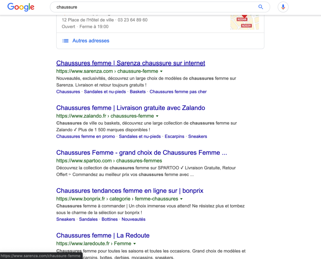 résultat mot clé "chaussure" sur Google