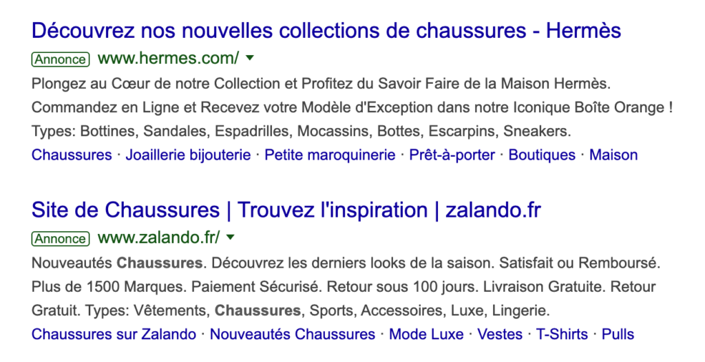 Résultat liens annonces sea pour le mot clé "chaussure" sur Google