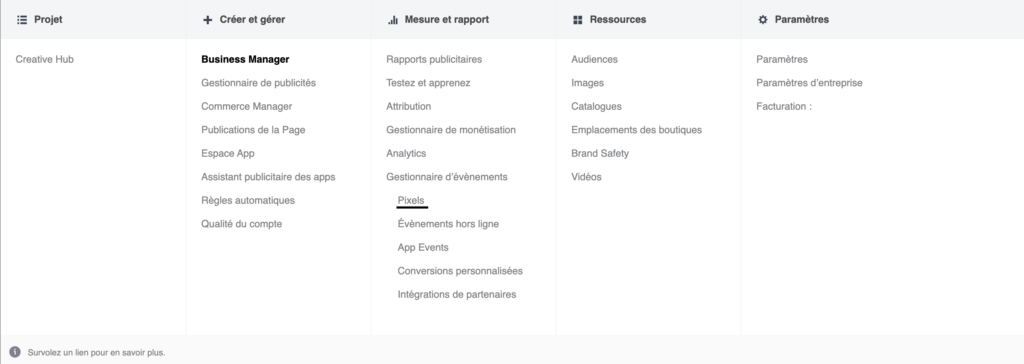 photo montrant l'onglet du pixel Facebook