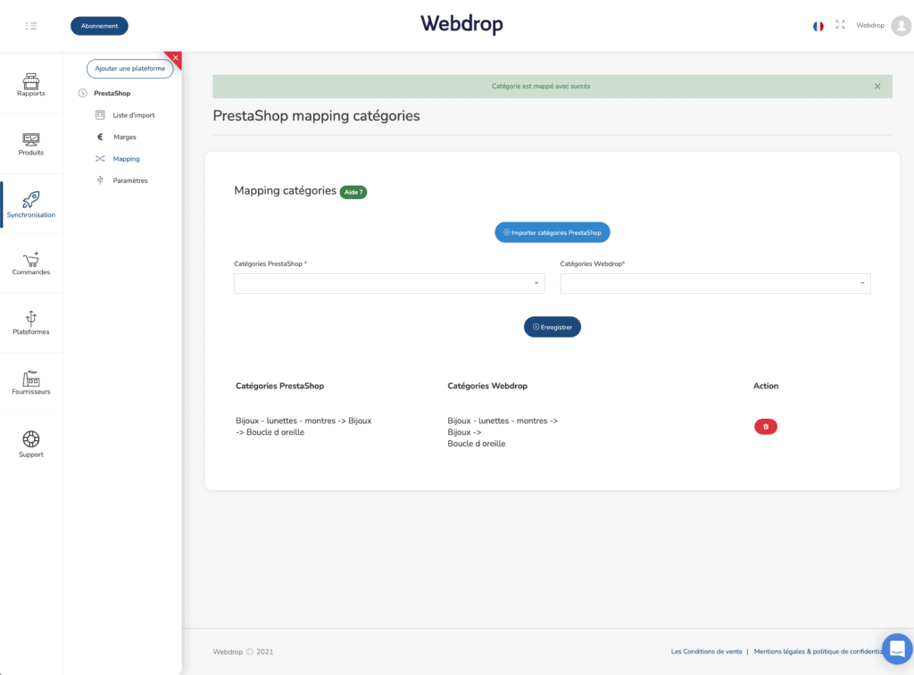Mapping catégories dropshipping Prestashop