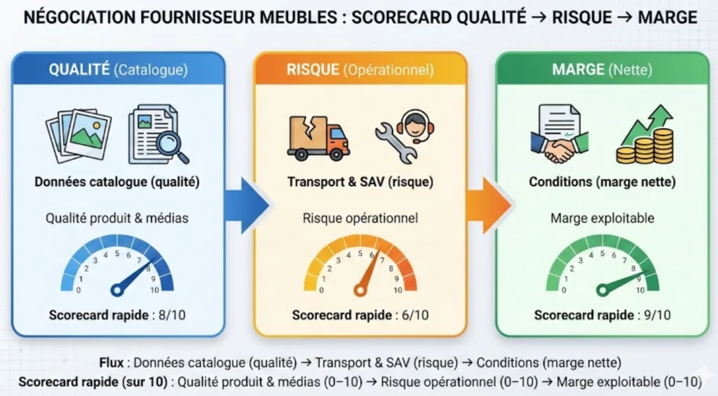 Diagramme = scorecard qualité, risque, marge. Choix fournisseur dropshipping meuble